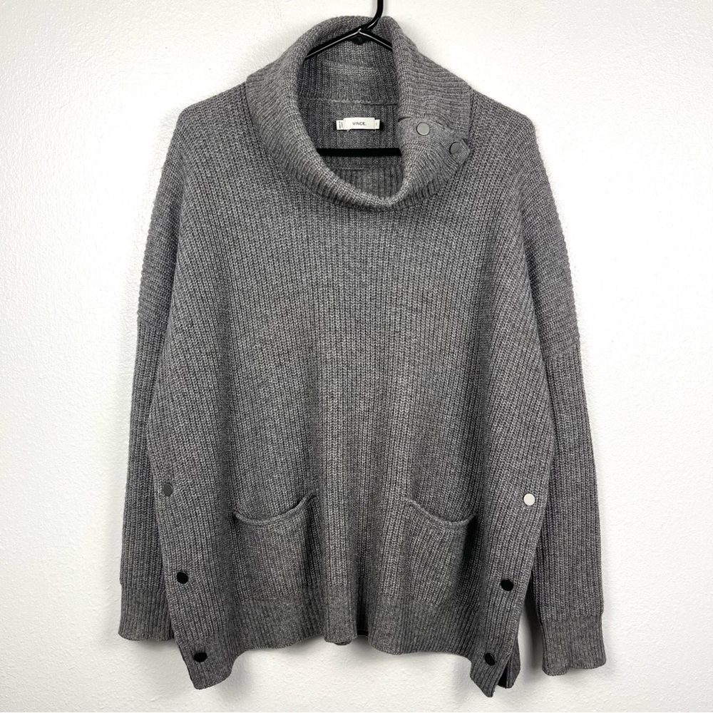 VINCE Oversized Gray Wool Yak Blend Turtleneck Snap Pullover Sweater XS - Picture 2 of 6